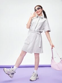 Váy liền quần denim cho cô gái tuổi teen, Hàng mới về Váy liền quần denim màu xám nhạt giản dị và thời trang có chi tiết giặt nước - Màu Xám nhạt - Xem 2