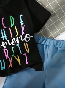 Young Boy 2pcs/Set Letter Printed Short Sleeve T-Shirt And Solid Color Shorts - Black - View 4