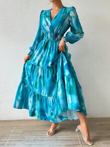 Calvaya Tie-Dye Lantern Sleeve Drawstring High Waist Long Dress Maxi Women Outfit