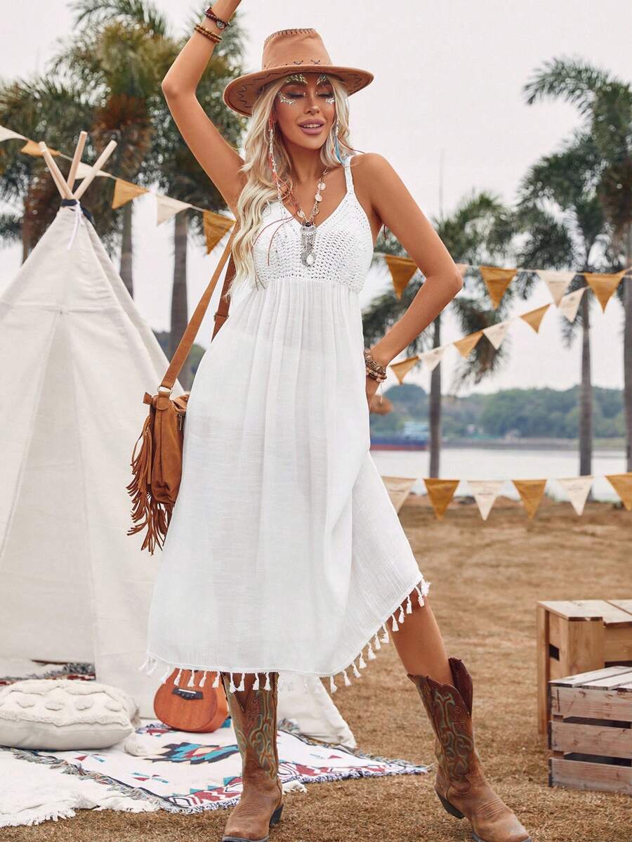 Breezaya Solid Color Fringe Hem Tassel Pair Dress Dress - White - View 1