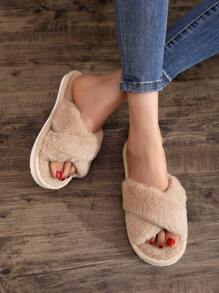 Fluffy Indoor Open Toe Slippers For Women, Warm Plush Furry Slides For All Seasons, Autumn/Winter - Camel - View 4