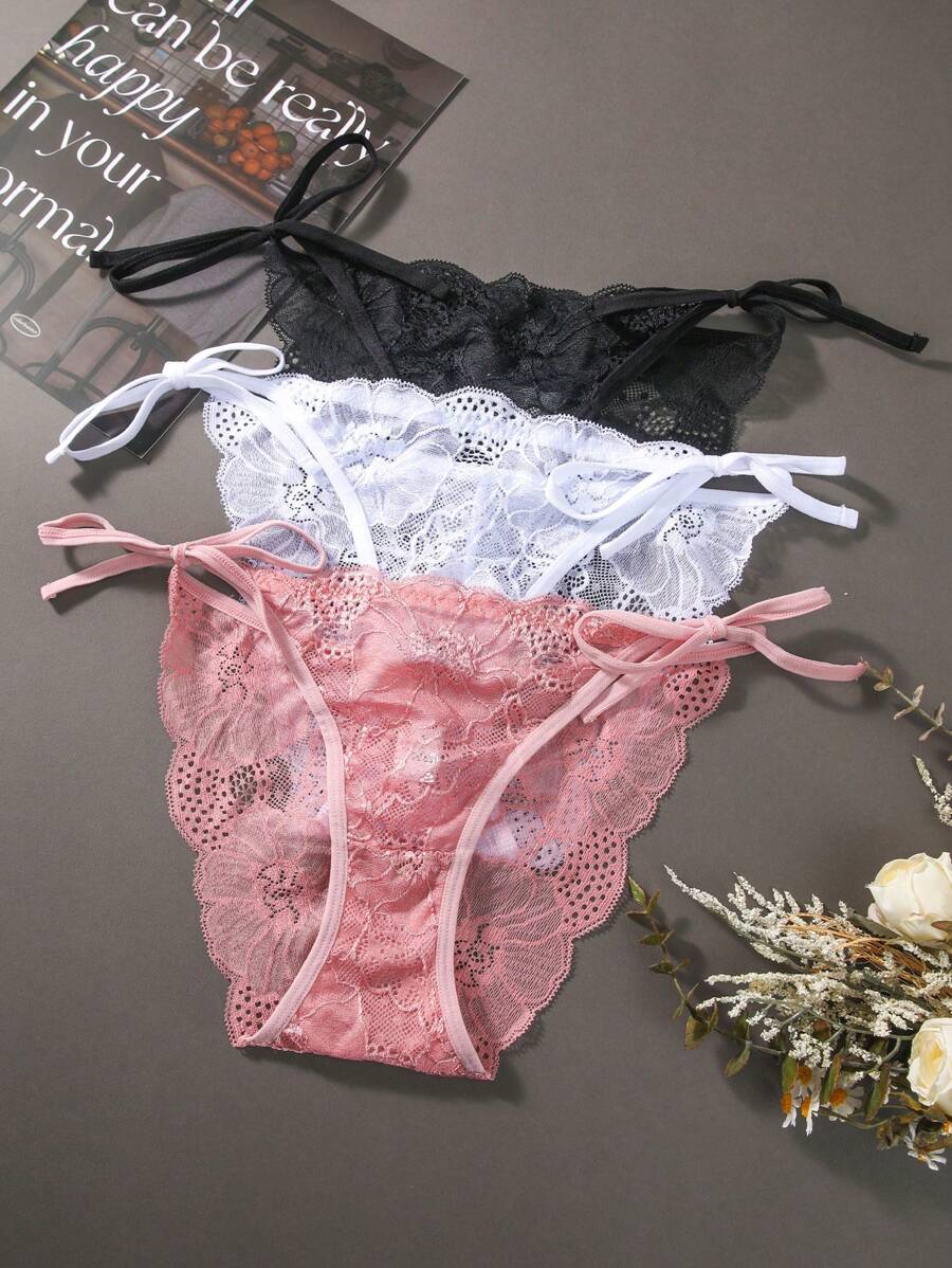 3pcs Tied Side Lace Triangle Panties Lingerie - Multicolor - View 1