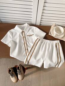 SHEIN 2入組年輕男孩休閒襯衫，格紋短袖衫帶口袋和短褲裝 - 白色 - 查看 2