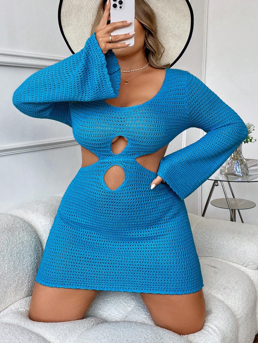 Flirla 大尺碼女士藍色空洞開花鈴袖毛衣連衣裙 - 藍色 - 查看 1
