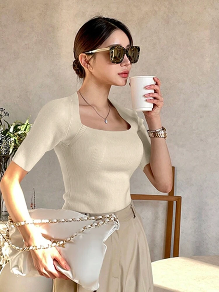 Women's Tight-Fitting Deformation Square Neck Knitwear Summer,Back To School Clothes