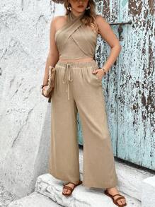 Breezaya Ensemble deux-pièces avec top ras-du-cou col croisé unicolore et pantalon ample à taille avec cordon de serrage
