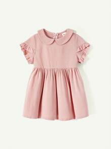 Cozy Pixies Vestido informal de niña bebé de unicolor con cuello Peter Pan, volantes y lazo en la cintura
