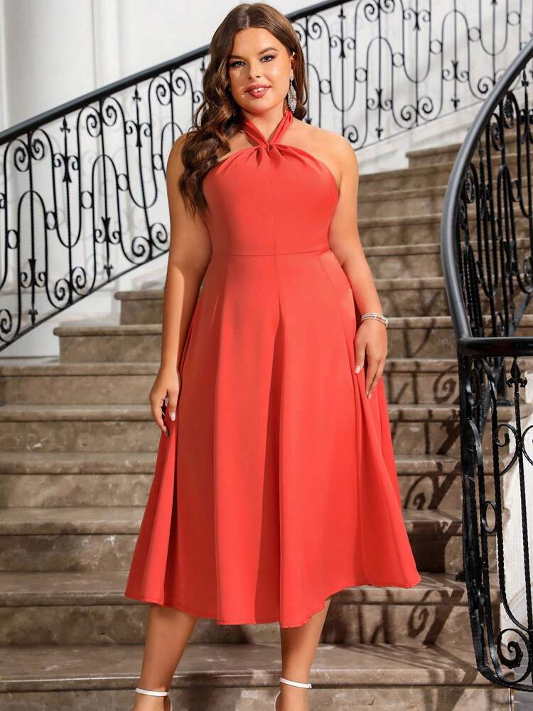 Plus Size Women's Solid Color Halter Neck Sleeveless Dress, Wedding Guest Dress