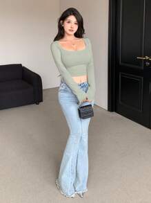 DAZY Áo thun nữ tay dài dáng ôm màu trơn cổ tròn, trang phục mùa thu thời trang thanh lịch - Màu xanh Bạc hà - Xem 2