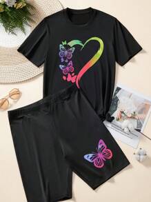 Calvaya Kích thước lớn Màu thuần Tối giản Tim & In bướm Ngắn tay Áo thun Và Quần short - màu đen - Xem 7
