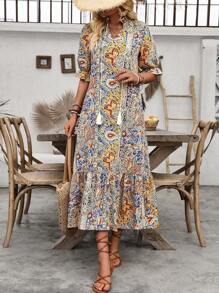 Louniche 印花paisley短袖連衣裙,前打結設計和荷葉邊 - 彩色 - 查看 4