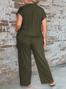 SHEIN LUNE Bộ đồ hai mảnh cổ tròn tay ngắn có dây rút bên hông dành cho nữ cỡ lớn và quần - xanh quân đội - Xem 2