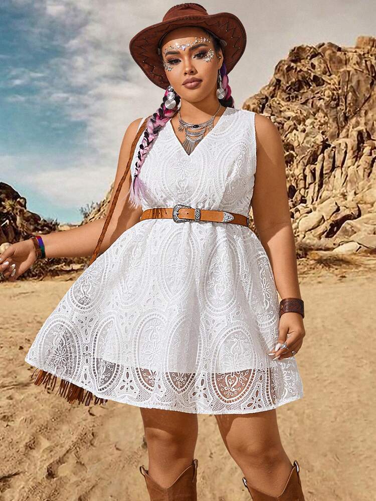 Plus Size Hollow Out Embroidered Solid Color Dress