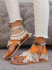 2024新款夏季青年学生时尚心形绑带平底凉鞋，花朵装饰，轻松搭配户外活动 - 彩色 - 查看 3