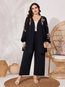 Mulvari Set da donna taglie forti con due pezzi, manica a lanterna con ricamo floreale - nero - Visualizzare 3