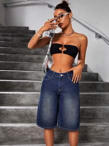 SHEIN ICON Loose Fit Straight Leg Washed Denim Shorts - Dark Wash - View 6