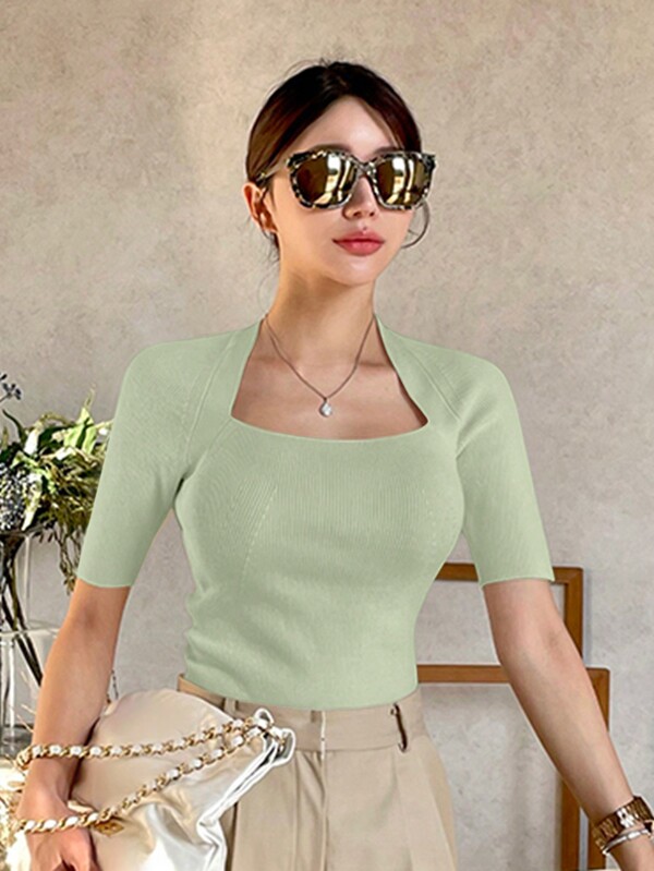 DAZY Women's Tight Fitted Asymmetric Collar Knit Sweater, Business Casual Summer