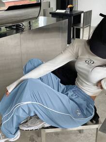 DAZY Women's Loose Fit Wide Leg Pants With Drawstring Waist And Contrast Trim Summer - Blue - View 3