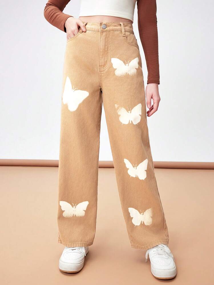 Teen Girls' Butterfly Pattern Casual Straight Leg Jeans