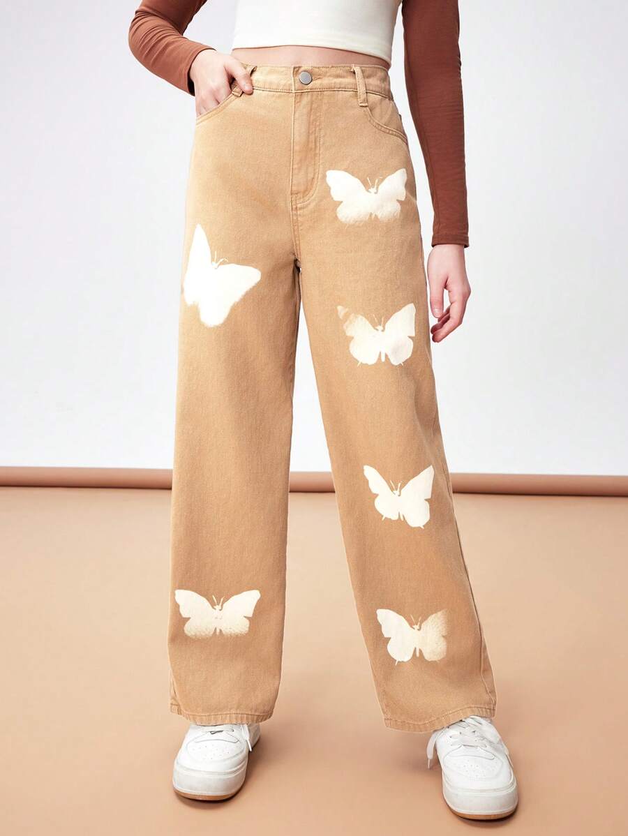 Teen Girls' Butterfly Pattern Casual Straight Leg Jeans - Khaki - View 1