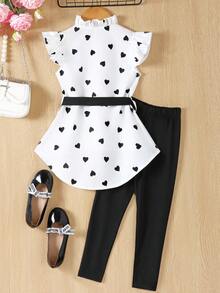 SHEIN Young Girls' Heart Printed Sleeveless Top & Pants Set With Bowknot Belt And Ruffle Hem For Summer - White - View 2