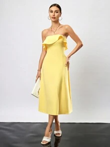 GENKIRA Asymmetrical Hem Strapless Dress With Gathered Waist - Mustard Yellow - View 4