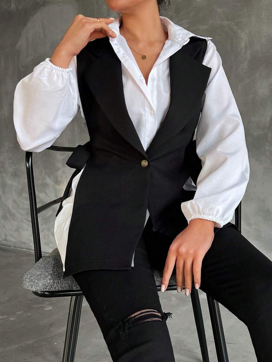 SHEIN Tall Tall Size Bow Sleeveless Coat & Puff Sleeves Shirt - Multicolor - View 1