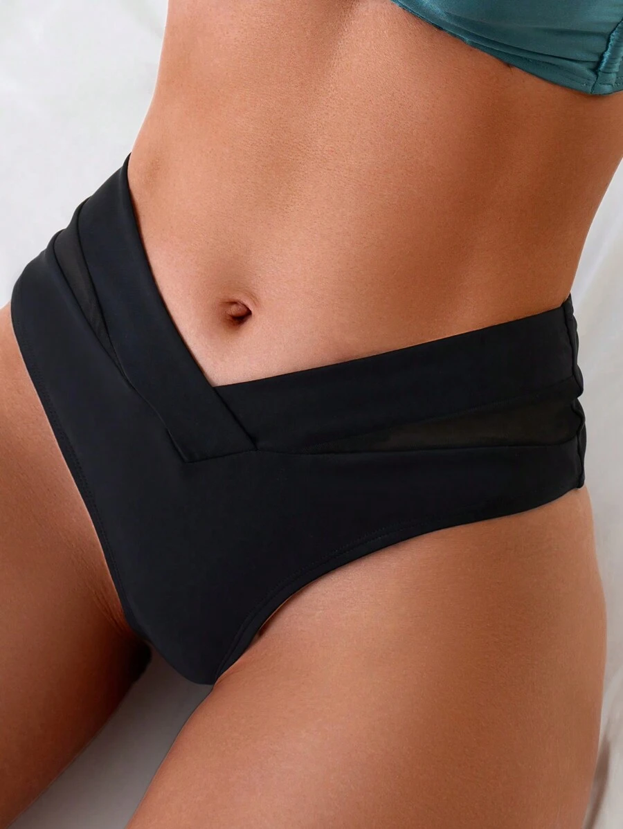 SHEIN Swim Solid Color V-Waist Triangle Bikini Bottom,Summer Beach - Black - View 1