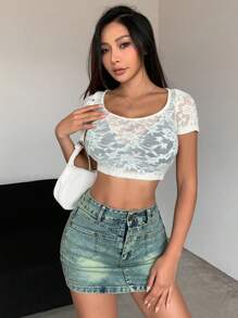 DAZY Áo Crop Top Ren Bodycon Trong Suốt Cho Nữ - trắng - Xem 4