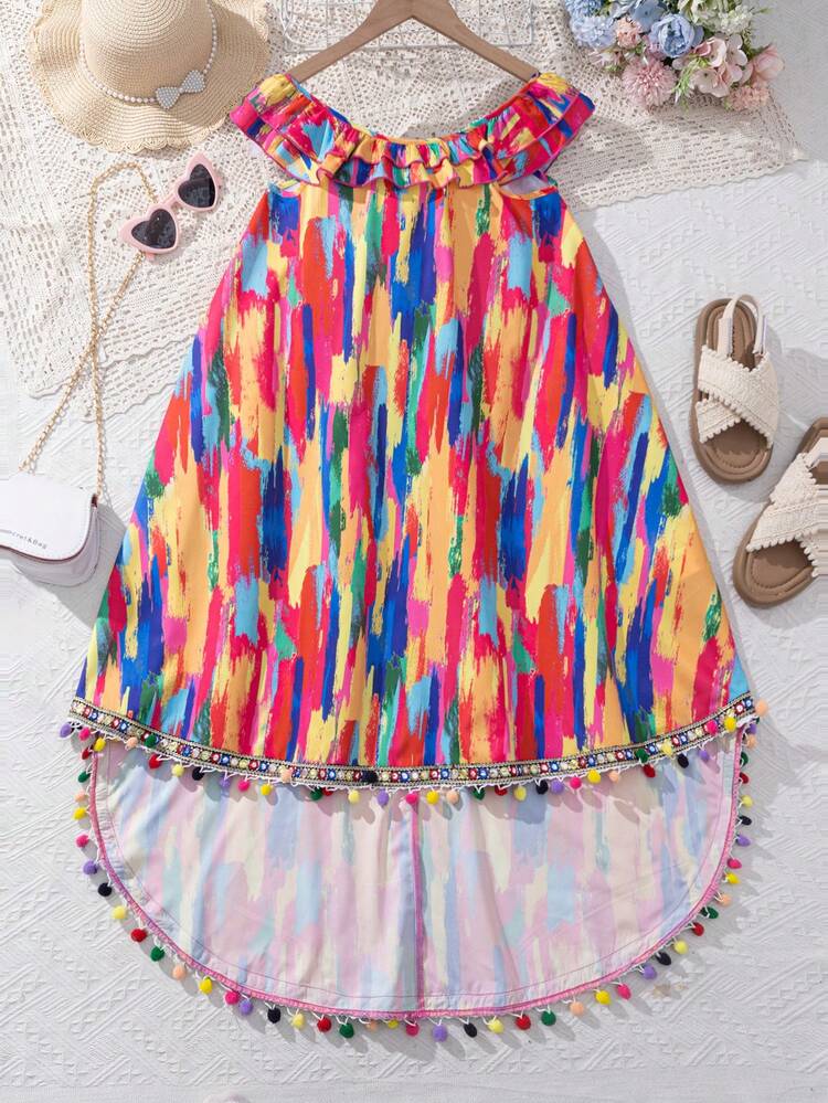 Tween Girls' Casual & Elegant & & Vacation Multicolor Ruffle Hem High Low Dress