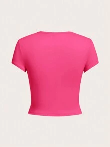SHEIN EZwear Bộ 4 áo thun nữ cổ tròn tay ngắn dáng ôm, đa năng, thích hợp mặc vào mùa hè - Nhiều màu - Xem 8