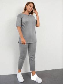 Cloudara Women's Plus Size Solid Color Vertical Striped Short Sleeve Top And Long Pants Two Piece Set - Light Grey - View 4