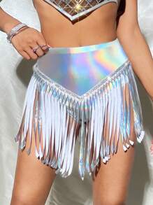 SHEIN ICON Women's Y2K Music Festival Laser Cut Splice Fringe Hem Midi Skirt Women Bottoms
