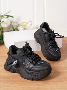Women's Casual Sports Shoes, Thick Sole, Black Chunky Sneakers, All Seasons - Black - View 5
