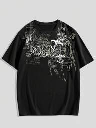 ROMWE MEN Goth Camiseta de manga corta con cuello redondo y estampado de letras para hombres, estilo escolar y de los años 2000