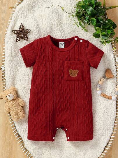 SHEIN Vintaside Kids Baby Boy's Bear Embroidery Pocket Romper