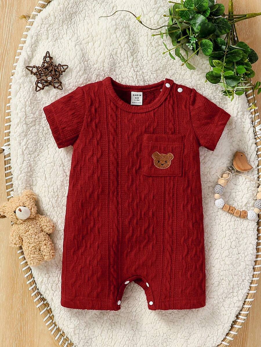 SHEIN Baby Boy's Bear Embroidery Pocket Romper
