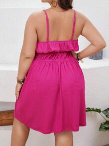 SHEIN VCAY Plus Size Textured Cinched Waist Ruffle Trim Decor Spaghetti Strap Dress