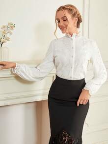 Women's Elegant Lace Patchwork Long Sleeve Blouse - White - View 4