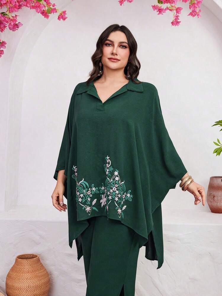 Plus Size Flower Embroidery Batwing Sleeve Top And Pants Two Pieces Set