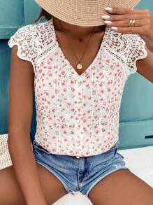 SHEIN Frenchy Áo cưới cổ chữ V có hoa nhỏ chắp vá mùa hè cho nữ - Nhiều màu - Xem 3