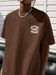 Men's Round Neck Drop Shoulder T-Shirt With Letter Print - Coffee Brown - View 2