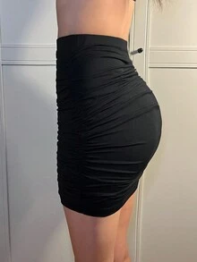 SHEIN BAE Falda Cuerpocon Con Pliegues Sólidos De Color Para Mujer - Negro - Ver 7