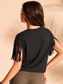 Forever 21 Tropical Palm Leaf & Letter Printed Fringe Hem Cropped T-Shirt - Black - View 3