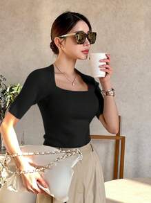 DAZY Áo len cổ vuông biến hình bó sát cho nữ mùa hè - màu đen - Xem 5