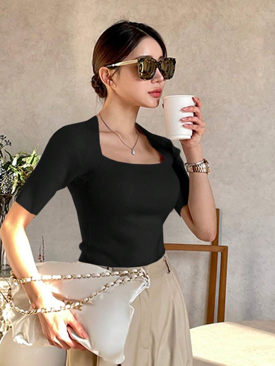 Women's Fitted Transformable Square Neck Knit Top Summer Cute Tops