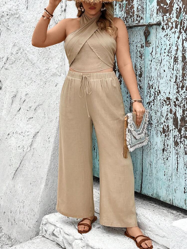 Plus Size Plain Cross Halter Neck Top And Drawstring Waist Wide Leg Pants Two-Piece Set