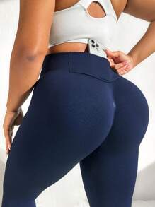 大尺碼單色運動打底褲 - 藍色 - 查看 2