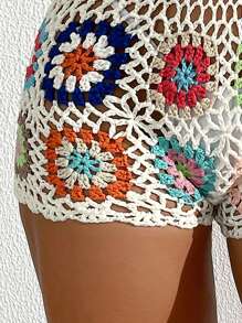 SHEIN Swim 夏季沙灘鉤織褲裙(隨機鉤織方塊顏色)