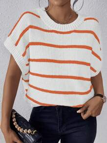 SHEIN LUNE Women's Loose Striped Short Sleeve Knitted Top - Orange - View 6
